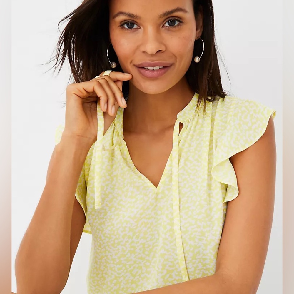 Ann Taylor Flowerbud Mixed Media Ruffle Sleeve Tie Neck Shell